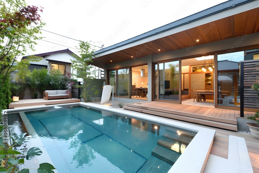 Sticker modern japanese home with backyard pool