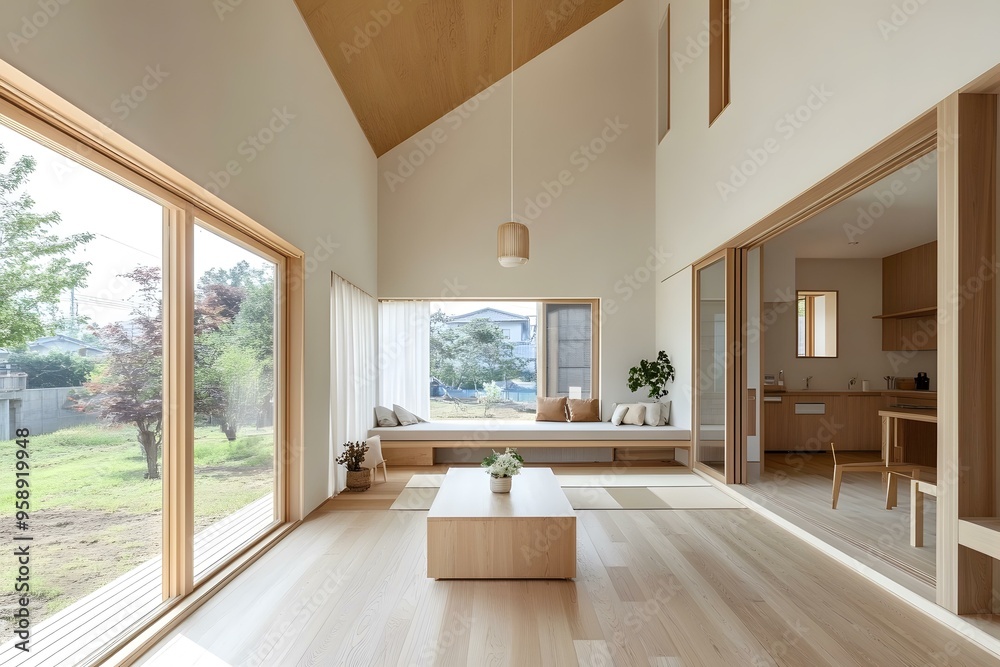 Sticker modern japanese style house interior design with wooden floor and large windows