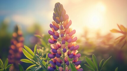 A vibrant lupine flower stands tall, showcasing its delicate pink and purple blossoms against a backdrop of lush green foliage and a bright blue sky.