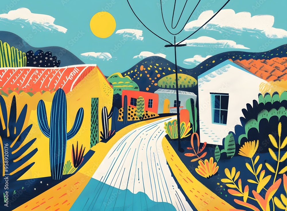 Canvas Prints Colorful Illustration of a Road Winding Through a Desert Village