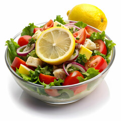 cold mangal salad with lemon slice with white background