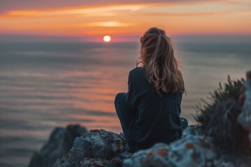 Fototapeta premium Woman Reflecting at Sunrise on a Rocky Cliff Overlooking the Ocean - Solitude and Tranquility