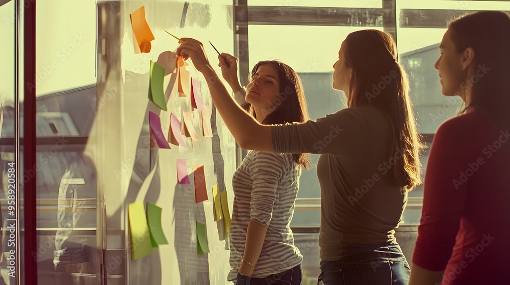 Canvas Prints Three women brainstorm ideas on a whiteboard using colorful sticky notes.