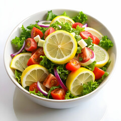 cold mangal salad with lemon slice with white background