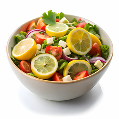 cold mangal salad with lemon slice with white background