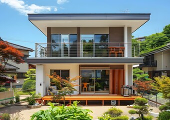 Fototapeta premium Modern Japanese Home with Wooden Deck and Balcony