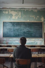Reflective Teacher in Empty Classroom Contemplating Lessons on Chalkboard - Nostalgia and Passage of Time