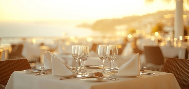 Elegant restaurant with beautiful sunset view, featuring neatly set tables and a serene ambiance perfect for fine dining experiences. Indulge in a serene and romantic atmosphere along the waterfront