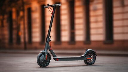 Black electric scooter parked on city street.