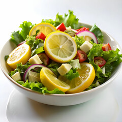 cold mangal salad with lemon slice with white background