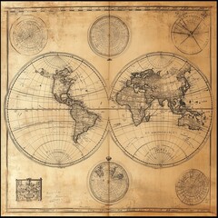 Vintage world map with antique design, featuring continents and hemispheres in an aged parchment style