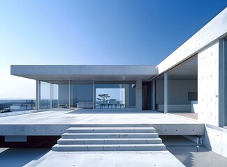 Fototapeta premium Modern Concrete House with Open Terrace and Glass Doors
