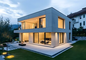 Fototapeta premium Modern House Exterior with Large Windows and Patio