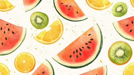 A vibrant fruit pattern featuring slices of watermelon, kiwi, and oranges scattered across a light background, ideal for summer-themed designs.