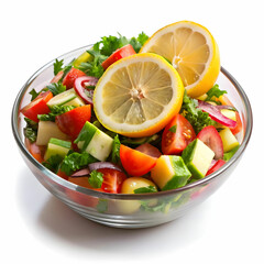 cold mangal salad with lemon slice with white background