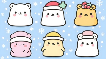Cute Cartoon Bears Wearing Winter Hats and Snowflakes