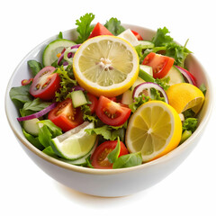 cold mangal salad with lemon slice with white background
