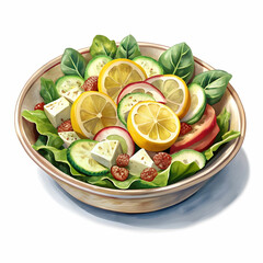cold mangal salad with lemon slice with white background