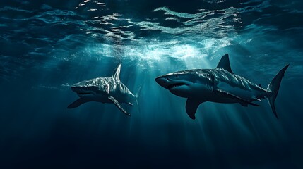 Fototapeta premium Two majestic white sharks swimming beneath the surface