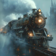 Obraz premium Steampunk steam engine train traveling through foggy landscape with dramatic lighting