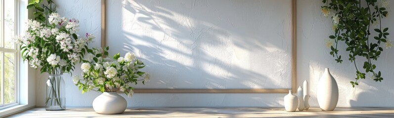 Vases with flowers in them sitting on a table, banner, copy space