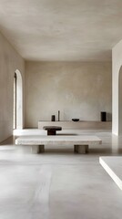 Minimalist Interior Design with Concrete Bench and Wooden Table