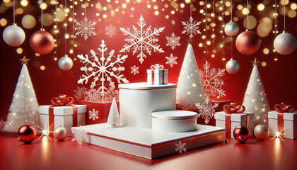 3D podium for product display for New Year and Christmas theme white glossy podium with snowflake and small Christmas tree decorations red background.