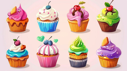Variety of colorful, artistically decorated cupcakes.
