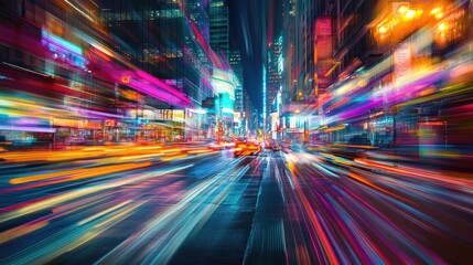 Fototapeta premium City lights combined with abstract motion trails, creating a vivid and energetic backdrop that illustrates urban vibrancy.