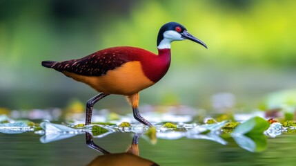 Fototapeta premium A bird with a red beak and black feet walking on water, AI