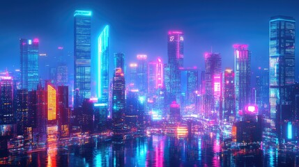 City panorama with vibrant neon lights and advanced architectural designs, creating a high-tech, digital atmosphere for futuristic technology concepts.