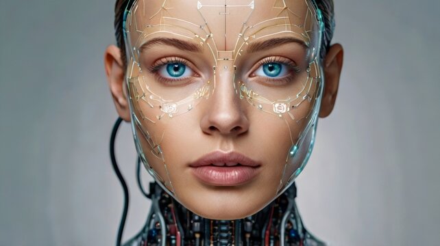 close up portrait of female cyborg with artificial intelligence on gray background Artificial intelligence project.