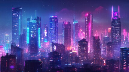 Fototapeta premium City panorama with vibrant neon lights and advanced architectural designs, creating a high-tech, digital atmosphere for futuristic technology concepts.
