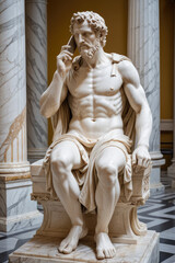 Obraz premium An ancient Greek statue holding a phone on a museum background, Generative AI