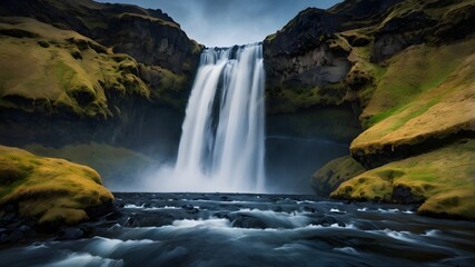 Obraz premium Waterfall in the mountains, Icelandic nature photo landscape, outdoor travel
