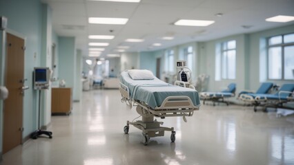 Empty hospital bed standing in hospital hallway