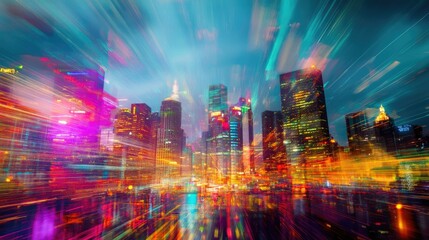 Fototapeta premium City skyline with streaks of colorful motion lights, creating an abstract and lively visual effect against a modern urban backdrop