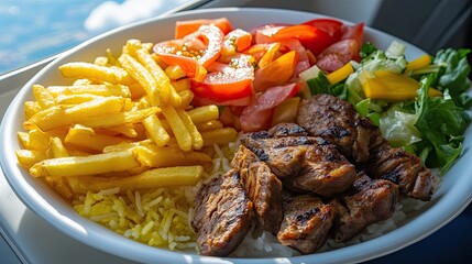 A colorful meal served on a plate, featuring rice, grilled meat, fries, and fresh vegetables.