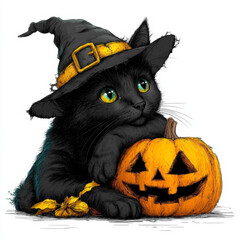 A relaxed black cat wearing a witch's hat rests beside a glowing jack-o'-lantern, evoking a cozy yet magical Halloween night.