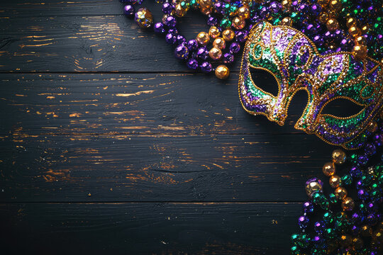 A Glittering Mardi Gras Mask and Beads on a Dark Wooden Background, Ready for the Celebration!