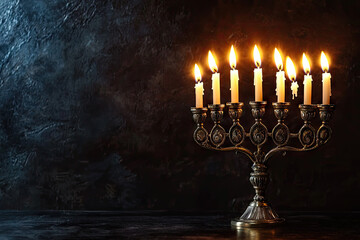 Fototapeta premium The Glow of Tradition: A Menorah with Burning Candles Illuminates the Night, a Symbol of Hope and Celebration.