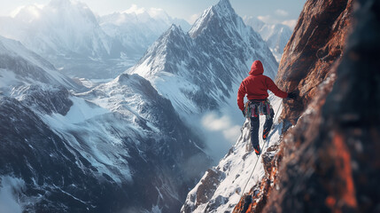 Extreme adventure lifestyle concept. A man in a red jacket stands on a snow-covered mountain peak. The sky is cloudy and the mountain range in the background is covered in snow. Concept of adventure
