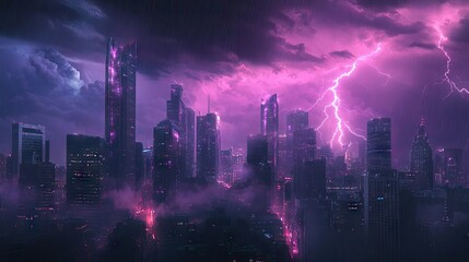 Obraz premium Cityscape in the midst of a thunderstorm with purple lightning, with bolts of lightning creating a striking visual effect against the dark sky and urban backdrop.