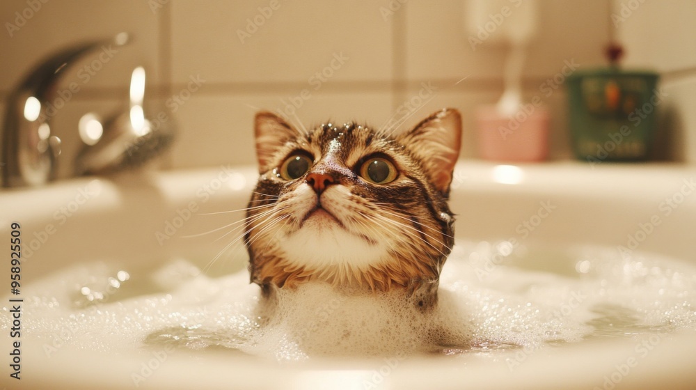 Poster A cat sitting calmly in a bath with soapy water, with a relaxed expression as it is being carefully rinsed.