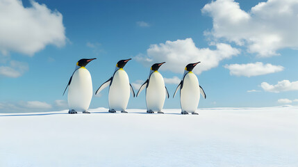 Four penguins walking in a line on a snowy landscape with a blue sky.