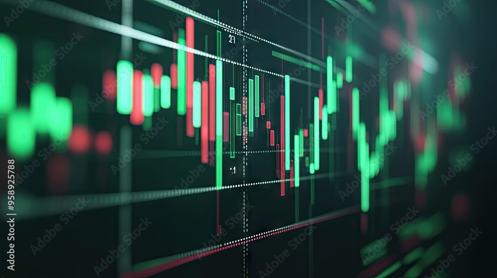 Poster close-up of a computer screen showing a dynamic financial graph with green and red candlesticks, sym