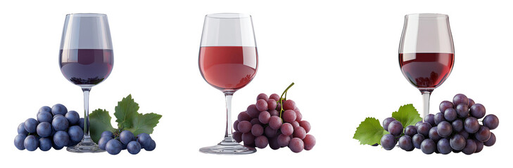 Wine glasses with grapes set isolated on transparent background