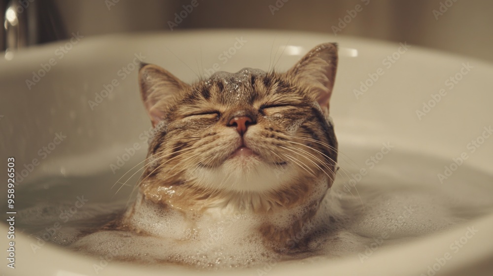 Poster A cat sitting calmly in a bath with soapy water, with a relaxed expression as it is being carefully rinsed.