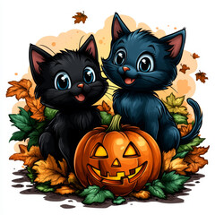 Cute black cats surrounded by glowing pumpkins, autumn leaves, and spooky backgrounds, ideal for fun Halloween-themed illustrations.