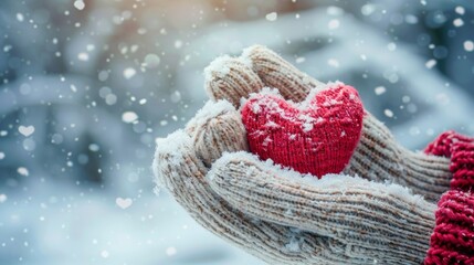 close-up of hands holding a heart made of snow